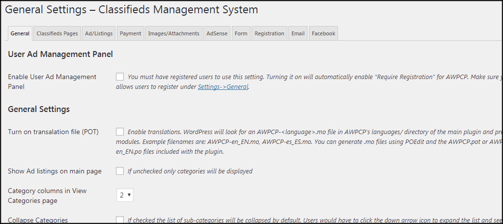如何安装另一个WordPress分类插件(AWPCP)插图6 常规设置