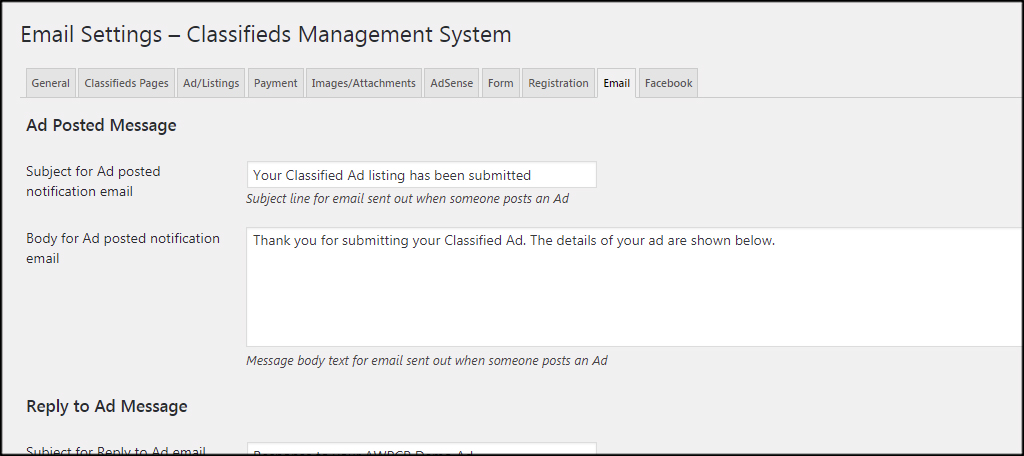 如何安装另一个WordPress分类插件(AWPCP)插图14 电子邮件设置