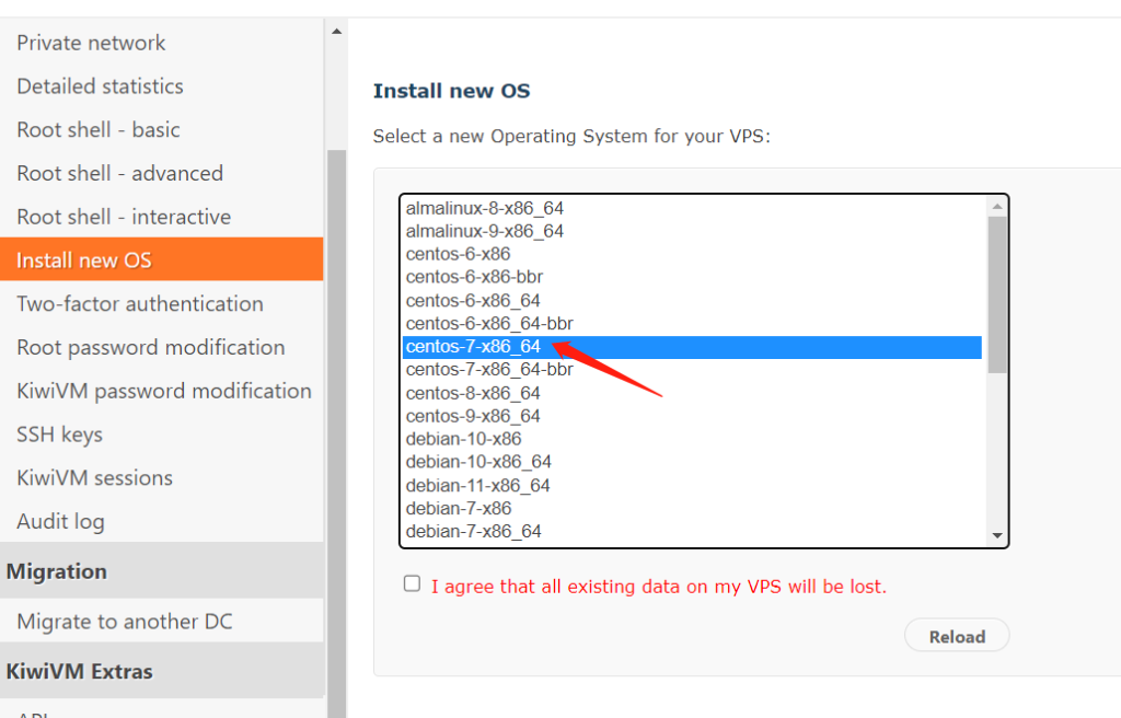 2023最新搬瓦工VPS安装宝塔(详细教程)插图5 重装搬瓦工系统教程第4步:选择系统